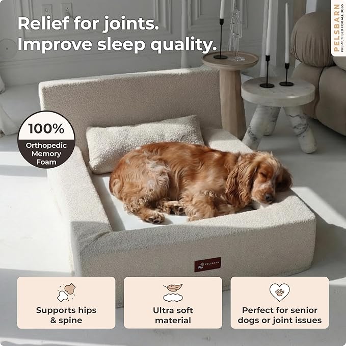 Pelsbarn Real Orthopedic Dog Bed, High-Density Memory Foam with Waterproof Fitted Sheets - Machine Washable, Medium, Beige