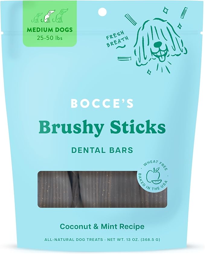 Bocce's Bakery Dailies Brushy Sticks to Support Oral Health & Fresh Breath, Wheat-Free Dental Bars for Dogs, Made with Real Ingredients, Baked in The USA, Natural Coconut & Mint, Medium Dogs