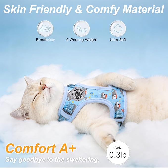 BEAUTYZOO Cat Harness, Escape Proof Cat Leash and Harness Set for Walking, Soft Breathable Vest Harness with Neck Adjustable, Reflective Easy-Control Kitten Harness for Cats,Shark-Blue S