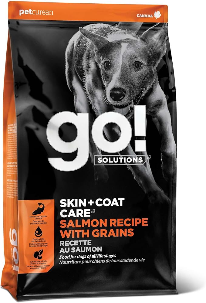 Go! Solutions Skin + Coat Care Salmon Dry Dog Food with Grains, Chicken-Free, Healthy Kibble with Omega-3s & 6s for Soft, Shiny Fur, for Puppies, Adults, & Seniors, 3.5 lb Bag