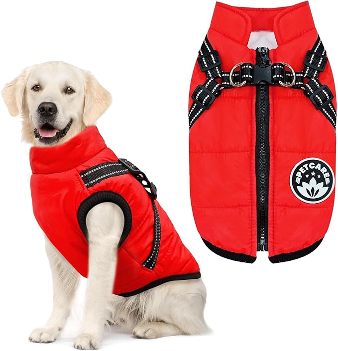 PETCARE Winter Dog Coat with Harness Built in Waterproof Dog Jackets Warm Pet Fleece Vest Windproof Snow Jacket Snowsuit Reflective Dogs Cold Weather Coats for Puppy Small Medium Large Dogs Cats
