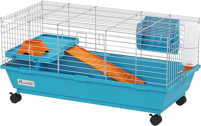 PawHut 35" L Small Animal Cage, Rolling Bunny Cage, Guinea Pig Cage with Food Dish, Water Bottle, Hay Feeder, Platform, Ramp for Chinchilla, Blue