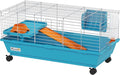 PawHut 35" L Small Animal Cage, Rolling Bunny Cage, Guinea Pig Cage with Food Dish, Water Bottle, Hay Feeder, Platform, Ramp for Chinchilla, Blue