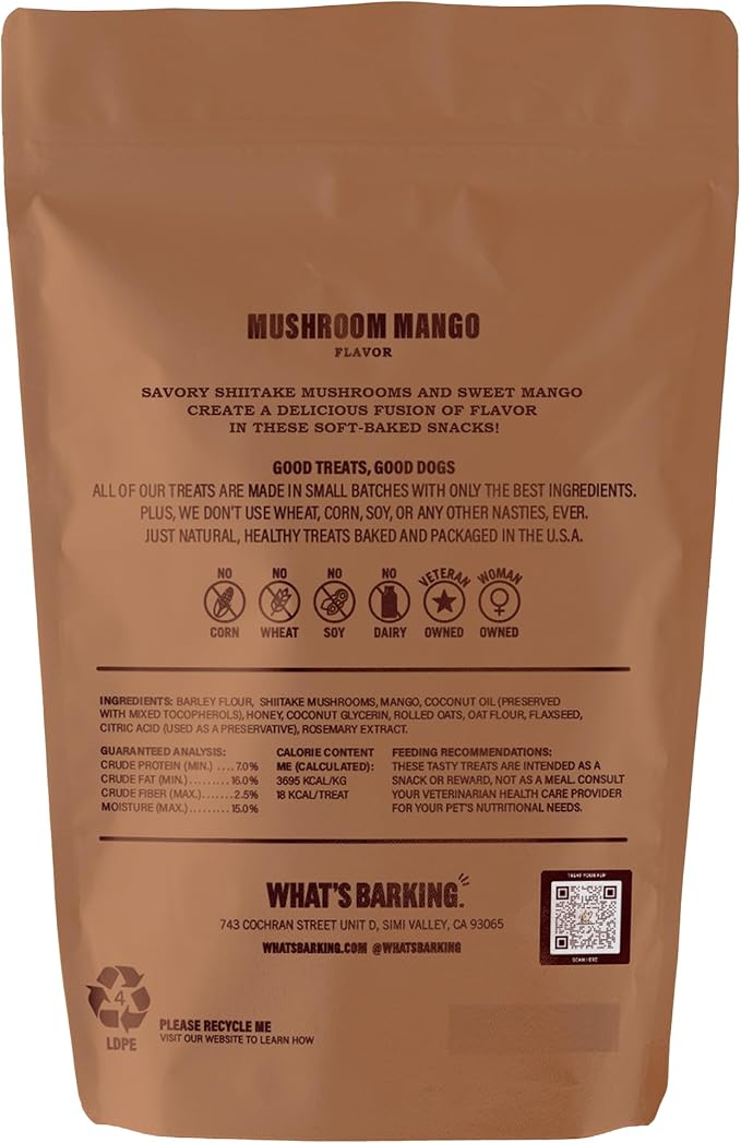 What's Barking Soft Bites, Soft Chewy Dog Treats for Training or Snacking, Pet Essentials, Bite Size Pieces for Dogs, Natural Ingredients, Made in USA, Resealable Bag, Mushroom Mango Flavor, 6 oz