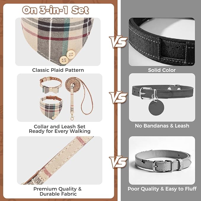 BINGPET Bow Tie Dog Collar with Leash Set - Cute Adjustable Classic Plaid Dog Bandana Collar with Bell, Fit for Small Dogs, Puppies and Cats Outdoor Walking