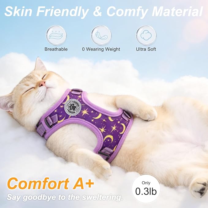 BEAUTYZOO Cat Harness, Escape Proof Cat Leash and Harness Set for Walking, Soft Breathable Vest Harness with Neck Adjustable, Reflective Easy-Control Kitten Harness for Cats (Star Design),Purple S