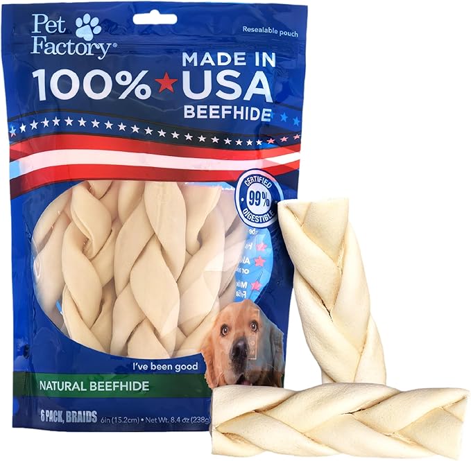 Pet Factory Beefhide Braided Sticks Dog Chews Long Lasting - 100% Made in USA Natural Rawhide from American Cattle Promotes Dental Health, Thick & Durable Chews for Dogs