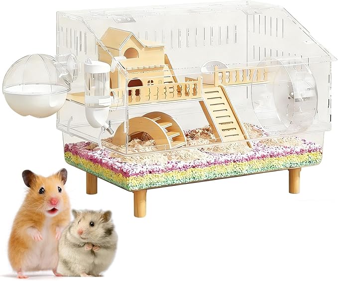 8 in 1 Acrylic Hamster Cage, 2-Tier Gerbil Hamster House, Mouse Syrian Cages, Large Critter Nation Cage with Accessories, Clear Jaula para Used for Dwarf, Bucatstate, Pet Mice (18.5"x11.81"x14.56")