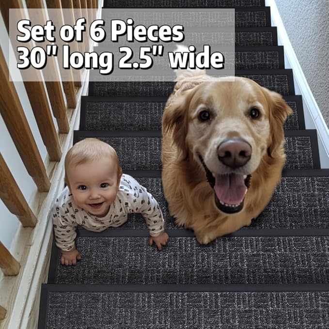 Aucuda 6pcs 8.5" x 30" Stair Treads Outdoor for Elders and Dogs on Wooden Steps, Non Slip Stair Runner Rug Heat Insulation Rubber Backing, Staircase Mat Carpet for Indoor Grip Farmhouse.