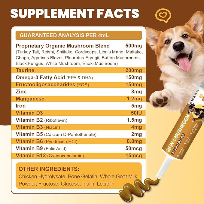 Turkey Tail Mushroom for Dogs - 26 in 1 Mushroom Paste for Dogs Lumps and Bumps, Immune System, Digestion, Skin, Energy, Joint- 13 Mushrooms Turkey Tail, Chaga, Reishi, Lion's Mane - Chicken Flavor