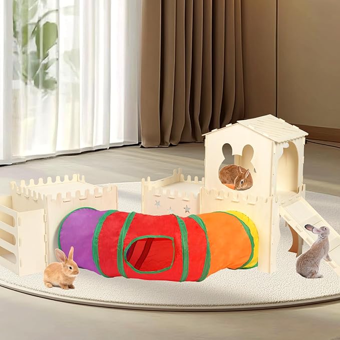 Extra Large Wooden Rabbit Hideout with Tunnels and Hay Feeder - Multistory Bunny Castle with Stairs, Climbing Tower and Sturdy Habitat for Indoor Bunnies, Guinea Pigs, Chinchillas Small Animal