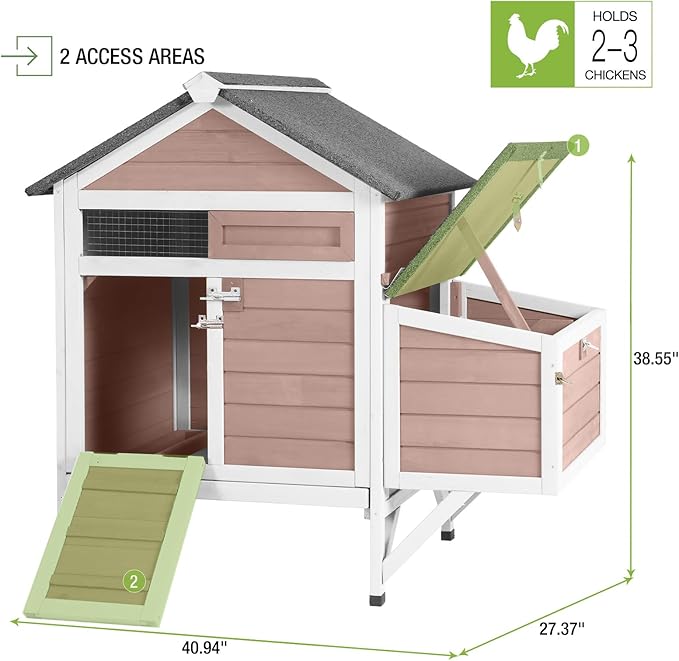 GUTINNEEN Small Chicken Coop with Nesting Box for 2–3 Chickens, Outdoor Duck House Raised Rabbit Hutch with Weatherpoof Asphalt Roof, 2 Perches, Easy Clean Pull-Out Tray, 40.94" L(Brown)