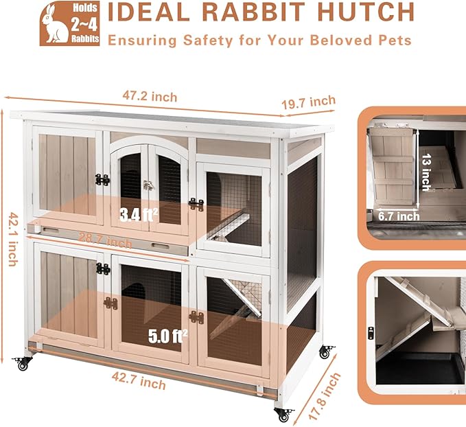 Gowoodhut 47"L Rabbit Hutch Indoor Wooden 2 Story Rabbit Large Bunny Hutch Outdoor Bunny Cage on 4 Metal Wheels and 2 Deeper Pull Out Trays, Ramp,Guinea Pig Pet House for Small to Medium Animals,Grey
