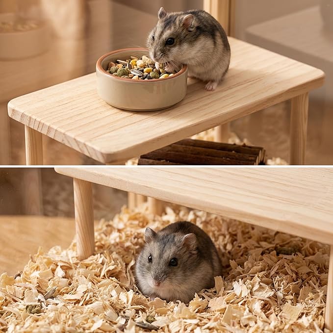 Hamster Play Wooden Platform, 5.51x4.72x4.72in Hamster Cage Platform Small Animal Wood Stand Cage Accessories for Syrian Hamsters Mice Squirrel and Other Small Pets