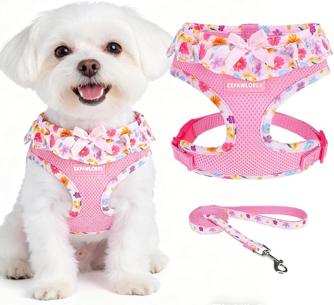 EXPAWLORER Cute Dog Harness Collar Leash Set - Pink Girl Dog Harness Checkered Step-in Design, Adjustable No-Choke Lightweight Mesh Vest for Cats Puppy Small Dogs, Flower M