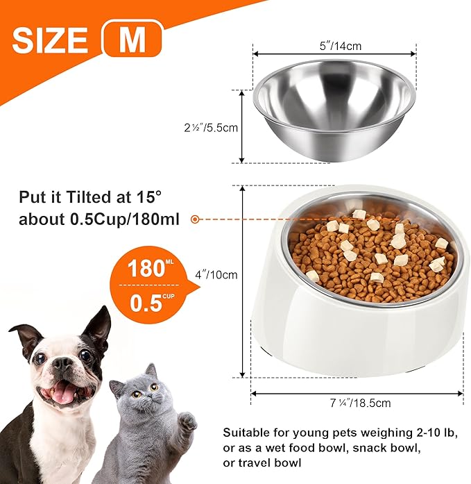 Tilted Dog Bowl Non-Slip & Non-Spill Pet Feeder with Elevated Detachable Melamine Stand, Easy to Get Food Dog Dish, M/180ml Gray