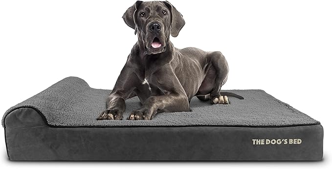 The Dog’s Bed Orthopedic Memory Foam Dog Bed with Headrest, Calming Surface – CertiPUR-Certified Foam, Plush Fabric, Grey Plush, XXL, 6-Inch