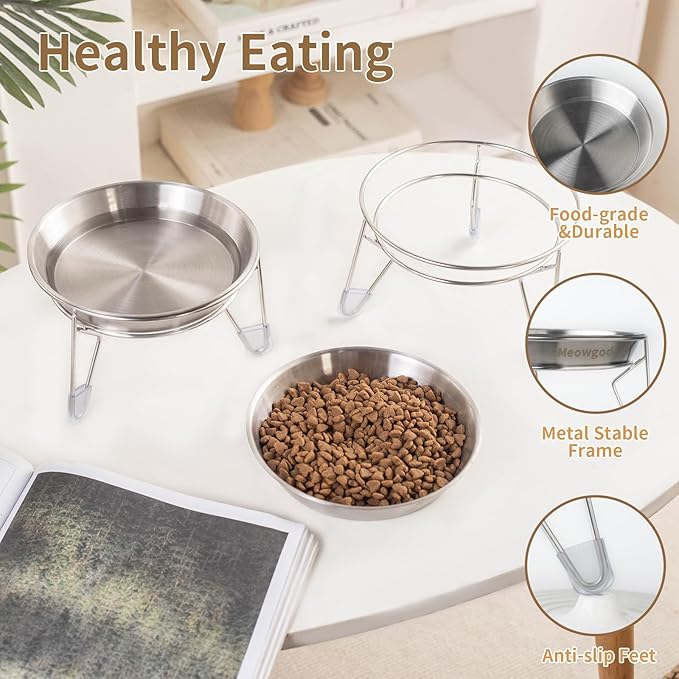 Elevated Cat Bowls,6.7" Extra Wide Raised Stainless Steel Cat Food Bowls with Anti-Slip Metal Stand Whisker Friendly Water Dishes for Indoor Cats and Small Dogs-2pack