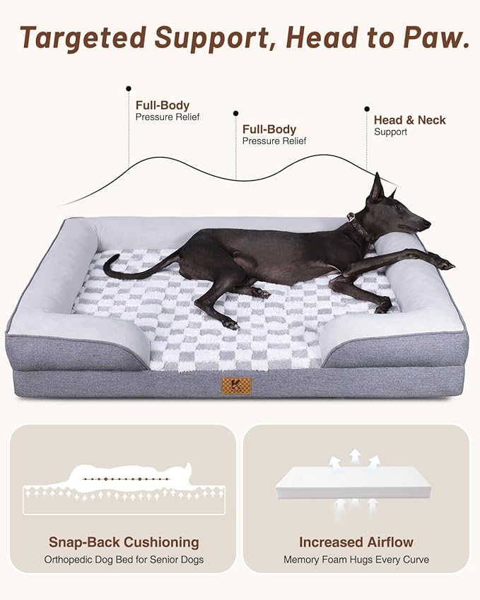 KSIIA Waterproof Dog Bed Orthopedic for XL Senior Dog Couch with Sides, Extra Thick Supportive Pet Bed Sofa with Soft Plush Cover and Non-Slip Bottom, 48 x 35 Inch, Grey