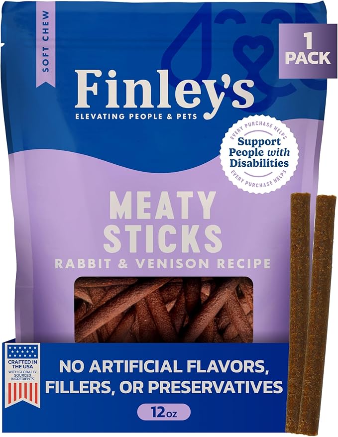 Finley's Rabbit & Venison Meaty Sticks, Limited Ingredient Chicken-Free Dog Treats with Real Meat, 12oz, 1 Pack