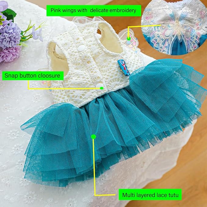 ANIAC Butterfly Dog Dress with Blue Tutu Funny Dog Clothes with Wing Girl Puppy Dress for Small Dogs Pet Butterfly Costume Holiday Cat Outfit for Halloween Birthday Wedding (Lake Blue, X-Large)