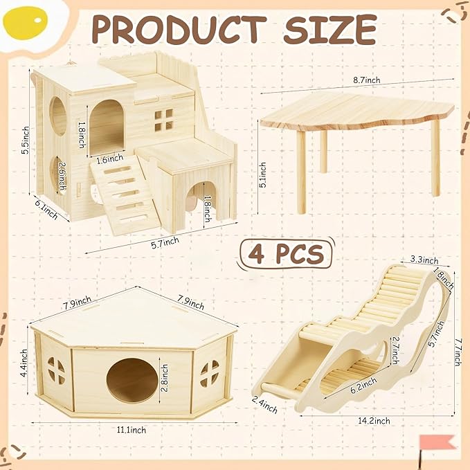 BreezeHug 4 Pcs Hamster Platform Hideout Wooden Tunnel Ladder Playhouse Hamster Game Climbing Toy with Platform Cage Accessories for Small Pets Dwarf Syrian Mice Degus Gerbils Squirrel(Spy Villa)