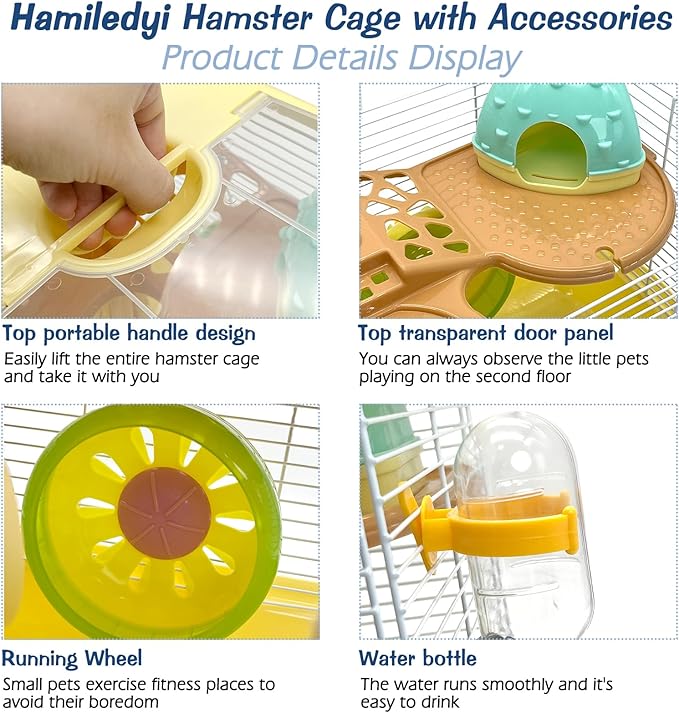 Hamiledyi Portable Hamster Cage 2 Layers Dwarf Hamster Habitat 10.90”L*8.07”W*9.84”H Small Animal Travel Cage with Exercise Wheel Hamster Enclosure Mouse Cage for Hamsters Mice Gerbils Tiny Pets