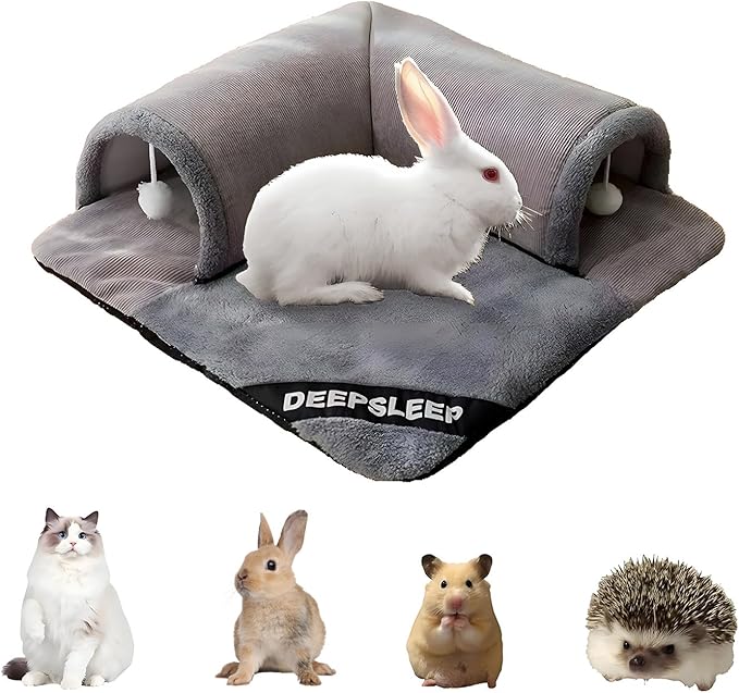 Rabbit Tunnel Bed with Removable Plush Mat - Soft Hideout & Play Tube for Bunnies, Guinea Pigs, Chinchillas, Cats, Bunny-Cozy Small Pet Toy, Grey (Grey, Large-23"x23"x1")