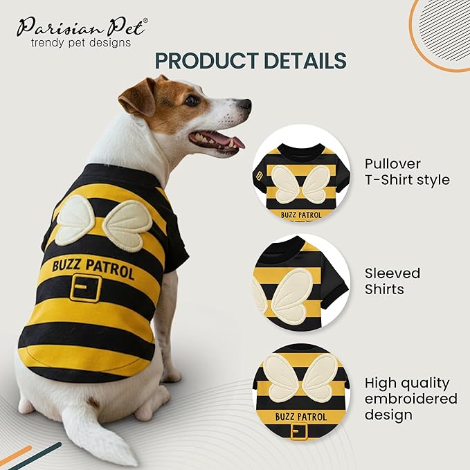 Parisian Pet Dog Buzz Patrol Bee Shirt - Embroidered Pet Vest - 100% Cotton & Polyester Doggy Shirt - Lightweight Pet Clothes - Sleeved Puppy Costume - Funny Shirts for Small Dogs - M