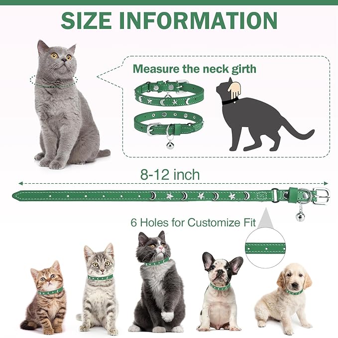 Leather Cat Collars for Boy Girl Cats with Bell and Safety Elastic Belt, Personalized Star and Moon Stud Adjustable Safe Buckle Collar for Kitty Small Big Cats Size 7-9 Inch, Green