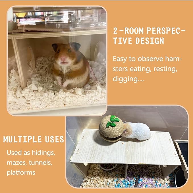 Hamiledyi Wooden Hamsters 2-Chamber Hideout-Tunnel Multi Chamber Exploring Toy Rat Exploring Tunnel Toy for Mice Guinea Pig Hedgehog Squirrel Sugar Glider