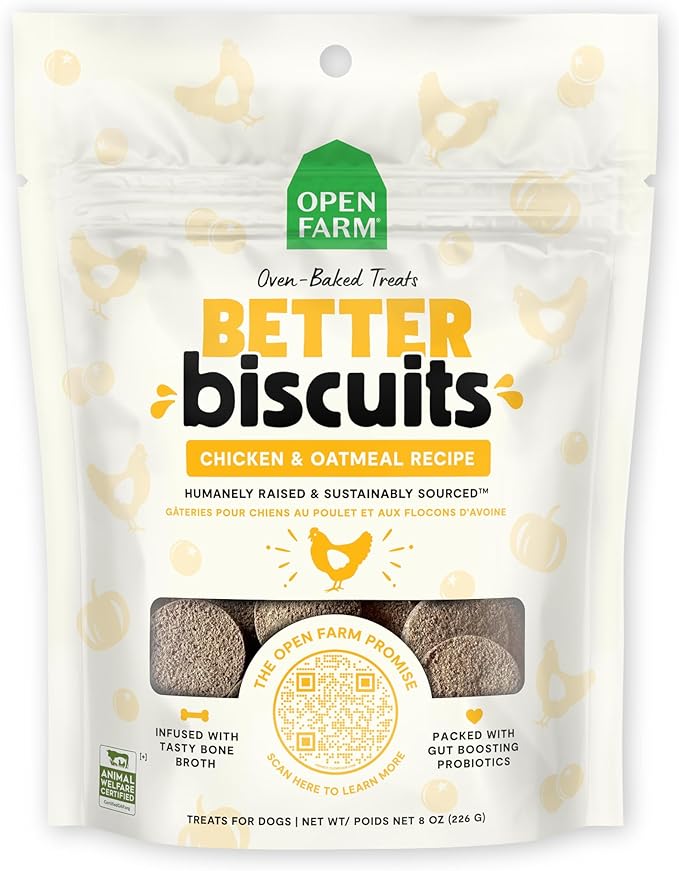 Open Farm Better Biscuits, Oven Baked Dog Treats with Probiotics, Chicken & Oatmeal Recipe, 8oz Pouch