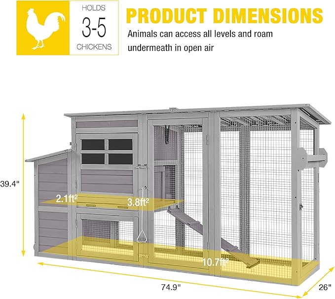 Aivituvin Chicken Coop Hen House, Large Outdoor Wooden Poultry Cage with Ramps, Run, Nesting Box, Removable Tray, Weather-Proof Chicken Cage (Grey, AIR31)