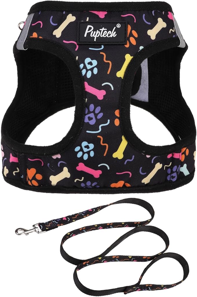 PUPTECK Dog Harness and Leash Set for Small Medium Dogs No Pull Step-in Soft Mesh Puppy Cat Vest Harnesses Reflective at Night, Black Paw, L