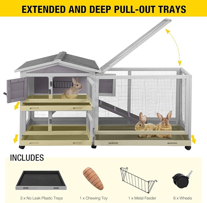 Aivituvin Rabbit Hutch 62" Rabbit Cage Indoor Outdoor Guinea Pig Cage on Wheels Bunny Cage with 3 Deep No Leakage Pull Out Tray,Waterproof Roof (Grey)