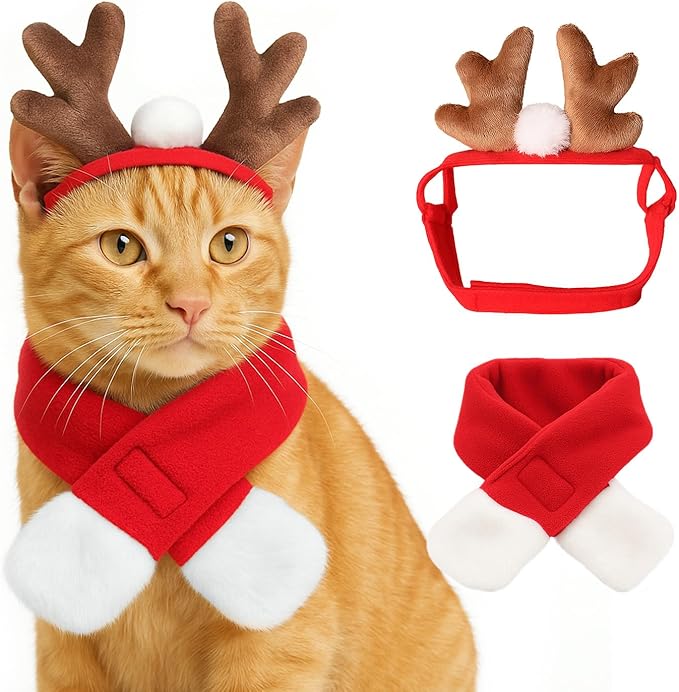 NAMSAN Christmas Cat Reindeer Costume, Xmas Deer Antler Headband with Red Scarf for Small Dogs Cats, Santa Claus Reindeer and Scarves Outfit
