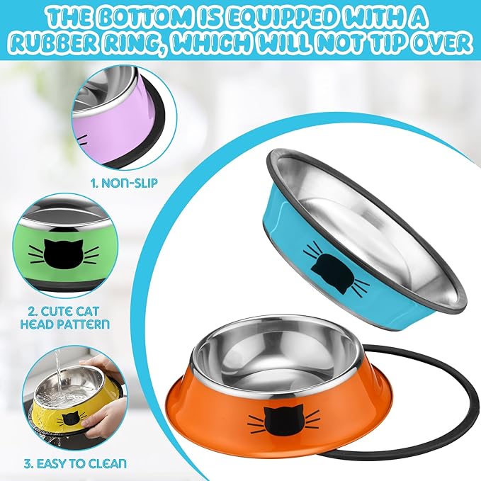 Amylove 6 Pcs Cat Bowls for Food and Water Cat Dishes Stainless Steel Pet Food Bowls 7 oz Anti Slip Metal Pet Dish with Removable Rubber Base Thick for Feeding Indoor Kitten Small Dog (Rainbow Color)
