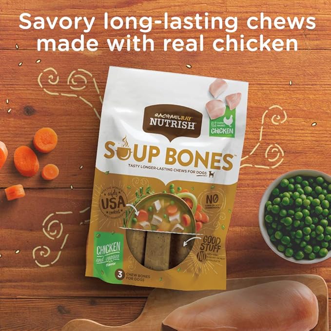 Rachael Ray Nutrish Soup Bones Dog Treats, Real Chicken & Veggies Flavor, 3 Bones, 6.3 Ounces (Pack of 2)