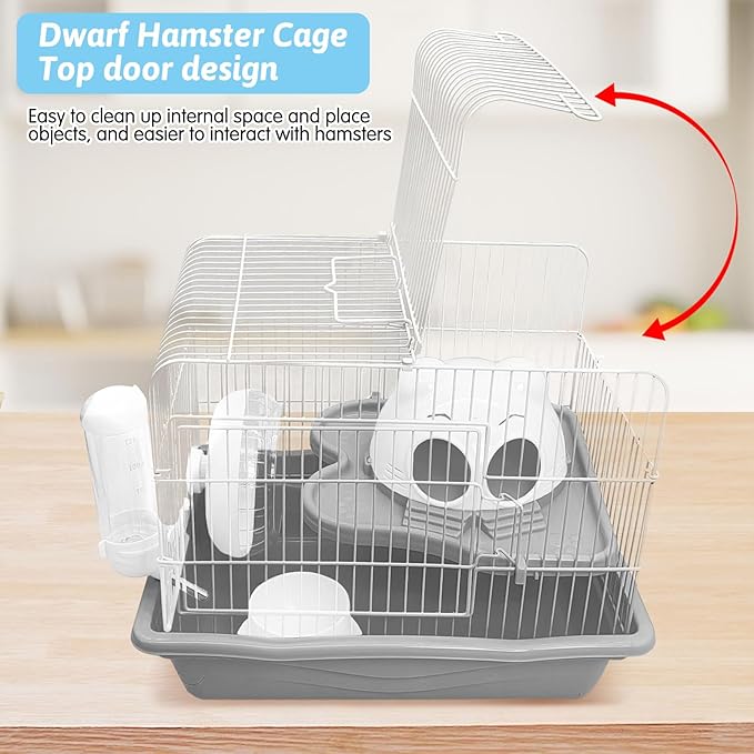PINVNBY Dwarf Hamster Cage, Small Animal Cages, 2-Tier Travel Portable Mouse Cage Hamster Carrier with Castle House Running Exercise Wheels, Water Bottle and Food Dish（Gray）