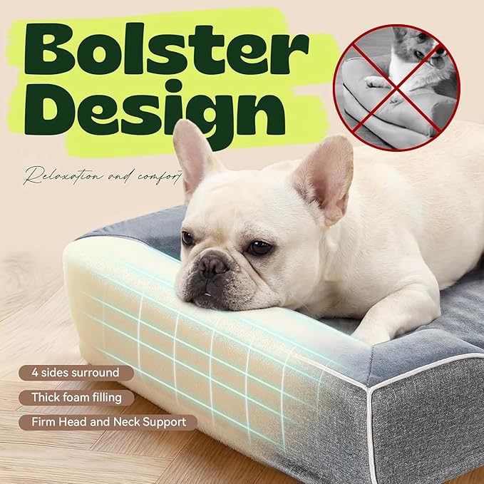 Memory Foam Dog Beds Medium Sized Dog with Removable Bolsters & Washable Cover,Orthopedic Pet Beds Eggshell Foam Infused with Cooling Gel Waterproof Relieves Joint Pain,28"x23"x6.5"Dark Grey