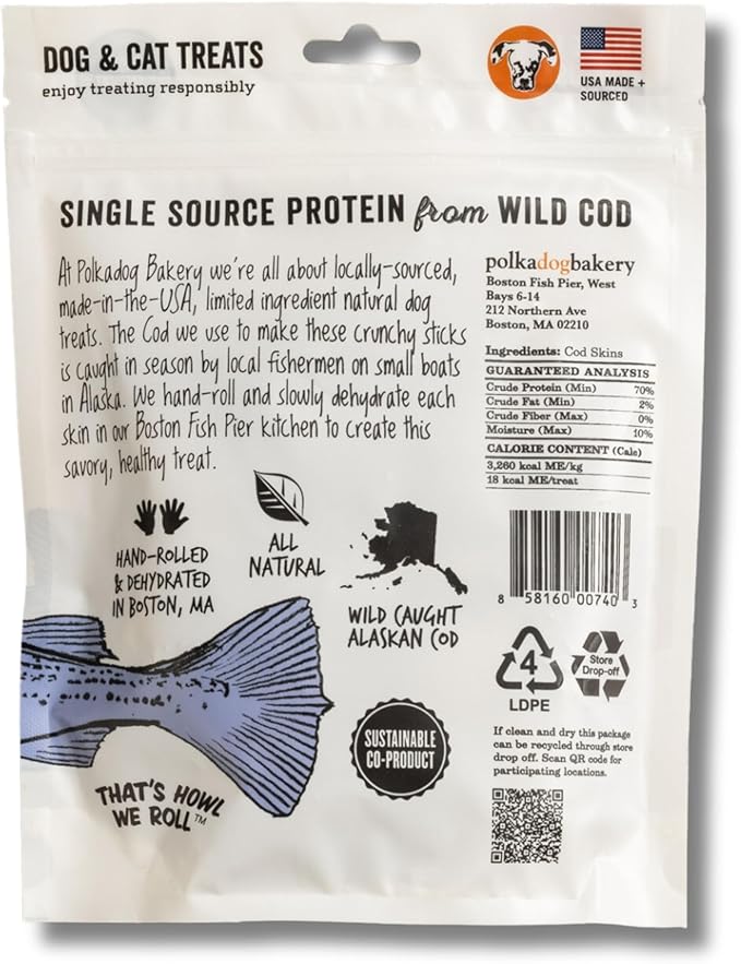 Polkadog Cod Skin Dog Treats - All Natural, Single Ingredient Wild-Caught Fish, Premium Treats for Dogs, High in Lean Protein & Omega-3, Great for Allergies, Made in USA - 2oz (1pk)