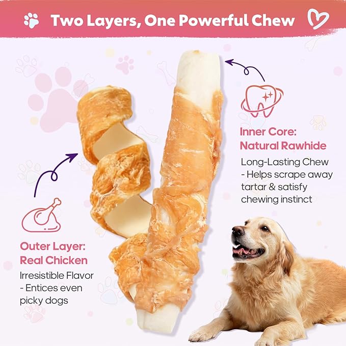 Dog Rawhide Chews Chicken Wrapped Rawhide Dog Treats Long-Lasting Chew Sticks for Teeth Cleaning High-Protein Training Rewards for Medium & Large Breeds Aggressive Chewers Snacks, 9.62 oz