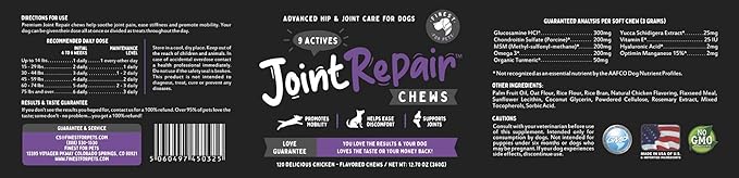 Joint Repair Dog Hip and Joint Supplement with Glucosamine, Chondroitin, Omega 3, MSM & Turmeric. Supports Hip & Joint Health, Mobility & Cartilage Development. 120 Chicken Flavor Chews, Made in USA