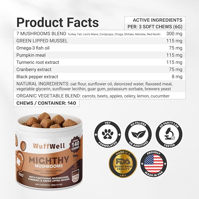 WuffWell Mighty Mushroom Supplement for Dogs - Turkey Tail & Green Lipped Mussel - Senior Dog Wellness, Immune Support, Turmeric - Enhance Vitality & Longevity in Aging Dogs - 7 Mushrooms