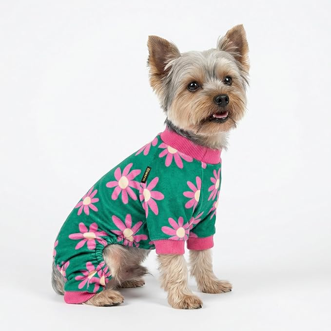 Fitwarm Flower Fleece Dog Pajamas, Warm Winter Dog Clothes for Small Dogs Girl, Cozy Pet Onesie with Feet, Dark Green, Small