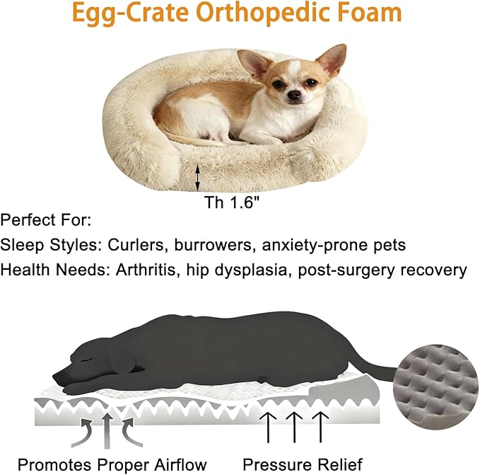 Calming Dog & Cat Beds for Small Medium Dogs Cats, Anti-Anxiety Pet Bed Orthopedic Donut Cushion, Soft Fluffy Faux Fur Warming Cozy Washable, Fits up to 15 lbs Pets (Round, Beige 20")