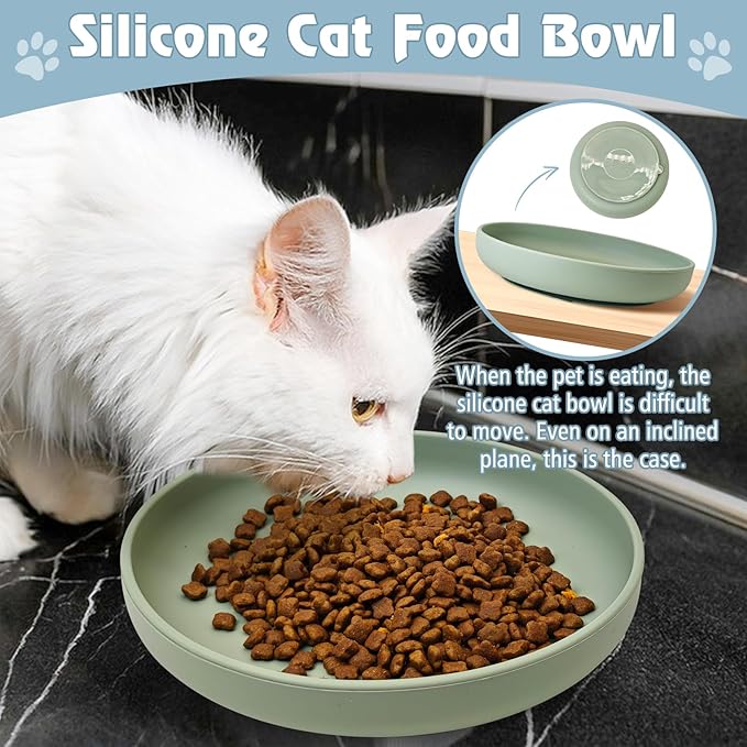 BNOSDM Silicone Cat Bowl Non-Slip Cat Food Plate Flat Dog Bowls with Suction Cup Shallow Puppy Food and Water Dish for Small and Medium Pets (Gray Green)