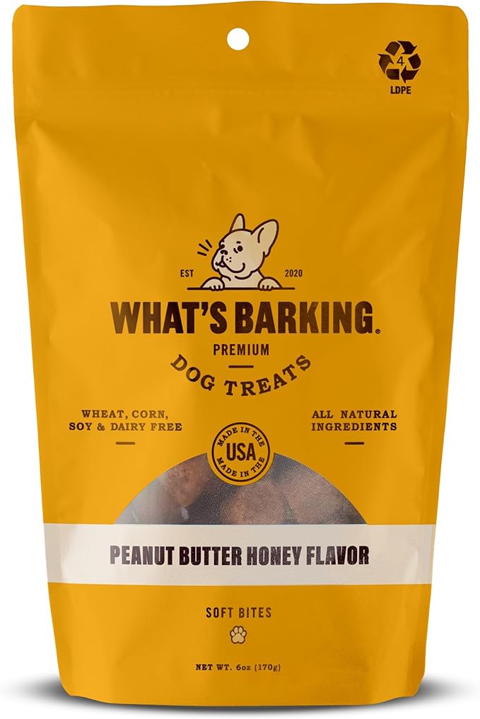 What's Barking Soft Bites, Soft Chewy Dog Treats for Training or Snacking, Pet Essentials, Bite Size Pieces for Dogs, Natural Ingredients, Made in USA, Resealable Bag (Pack of 1, Peanut Butter Honey)