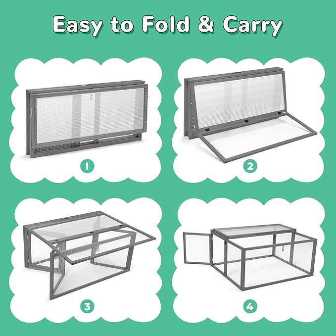 Portable Chicken Coop with UV-Proof Panel, 4X Garden Stakes, Wooden Rabbit Hutch, Chicken Brooder Box Indoor, Outdoor Folding Chicken Cage, Top & Side Openable Doors, 43.3Inch (Gray)
