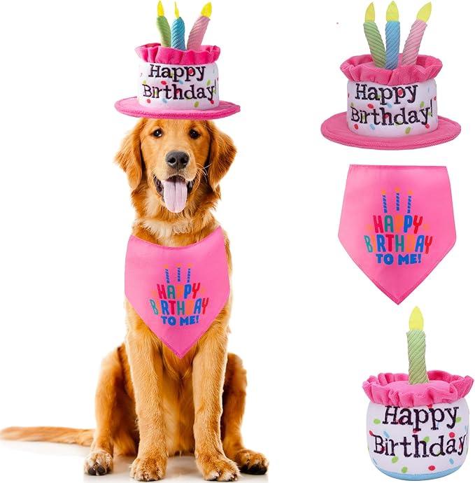 Extral Large Dog Birthday Cake Hat & Bandana Scarfs Set Pink, Dog Happy Birthday Hat with Colorful Candles, Large Dogs Birthday Party Supplies Decorations